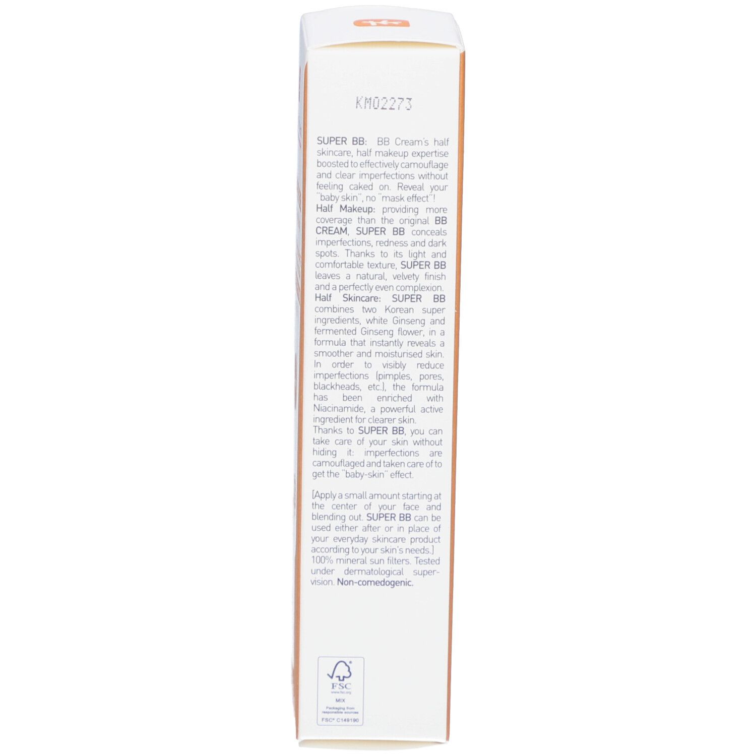 Verpackung der BB Creme. Produktbeschreibung in Englisch. Marke: Erborian. Produktname: SUPER BB.