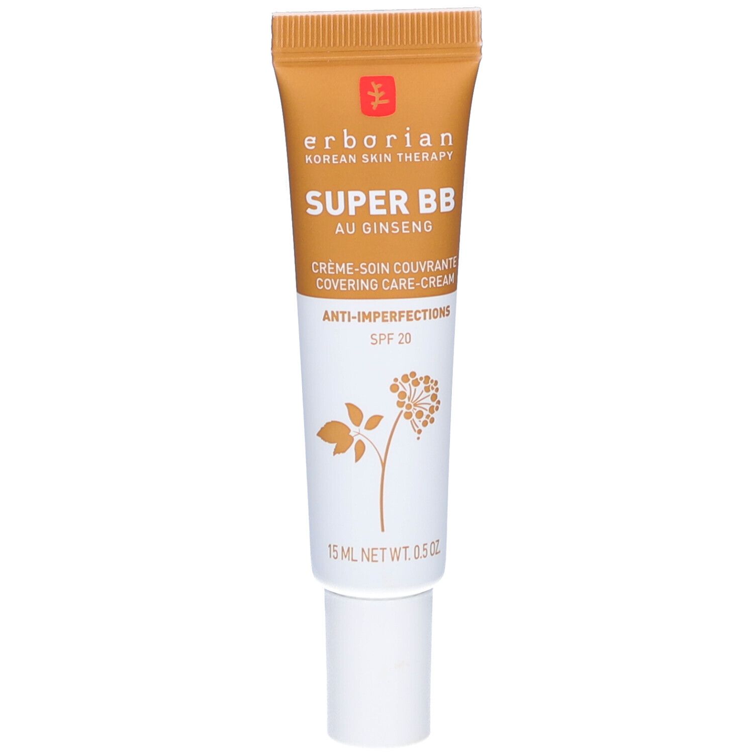 Tube mit BB Creme. Marke: Erborian. Aufschrift: SUPER BB, au Ginseng, Creme-soin couvrante, Anti-imperfections, SPF 20.