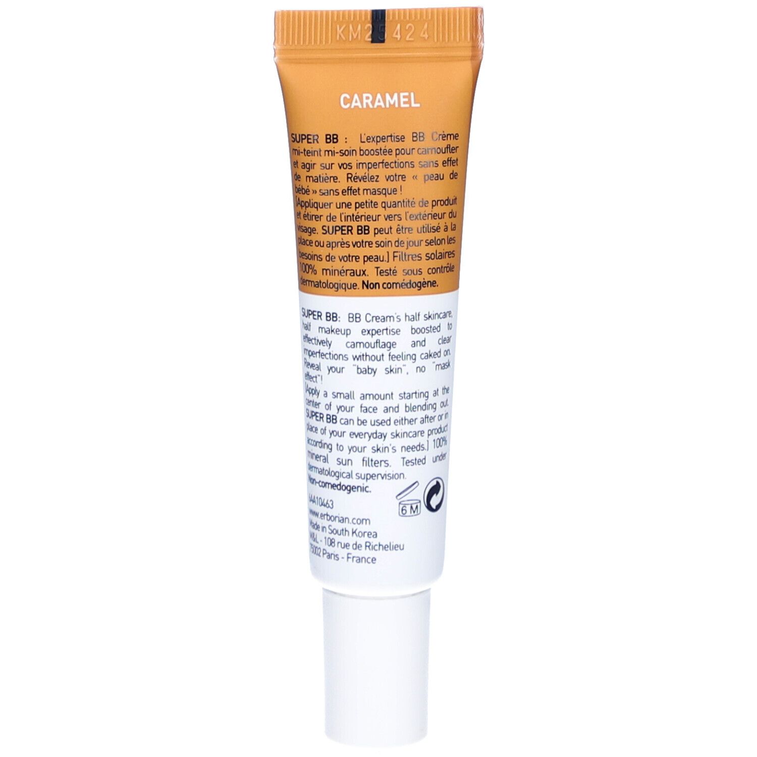 Rückseite einer BB Creme Tube. Text: Caramel, Beschreibung des Produkts, Inhaltsstoffe, Herstellerinformationen. Marke: Erborian.
