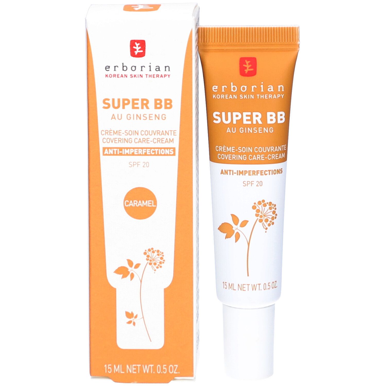Produktverpackung mit BB Creme Tube. Verpackung: Weiß und orange. Aufschrift: SUPER BB, au Ginseng, Creme-soin couvrante, Anti-imperfections, SPF 20.
