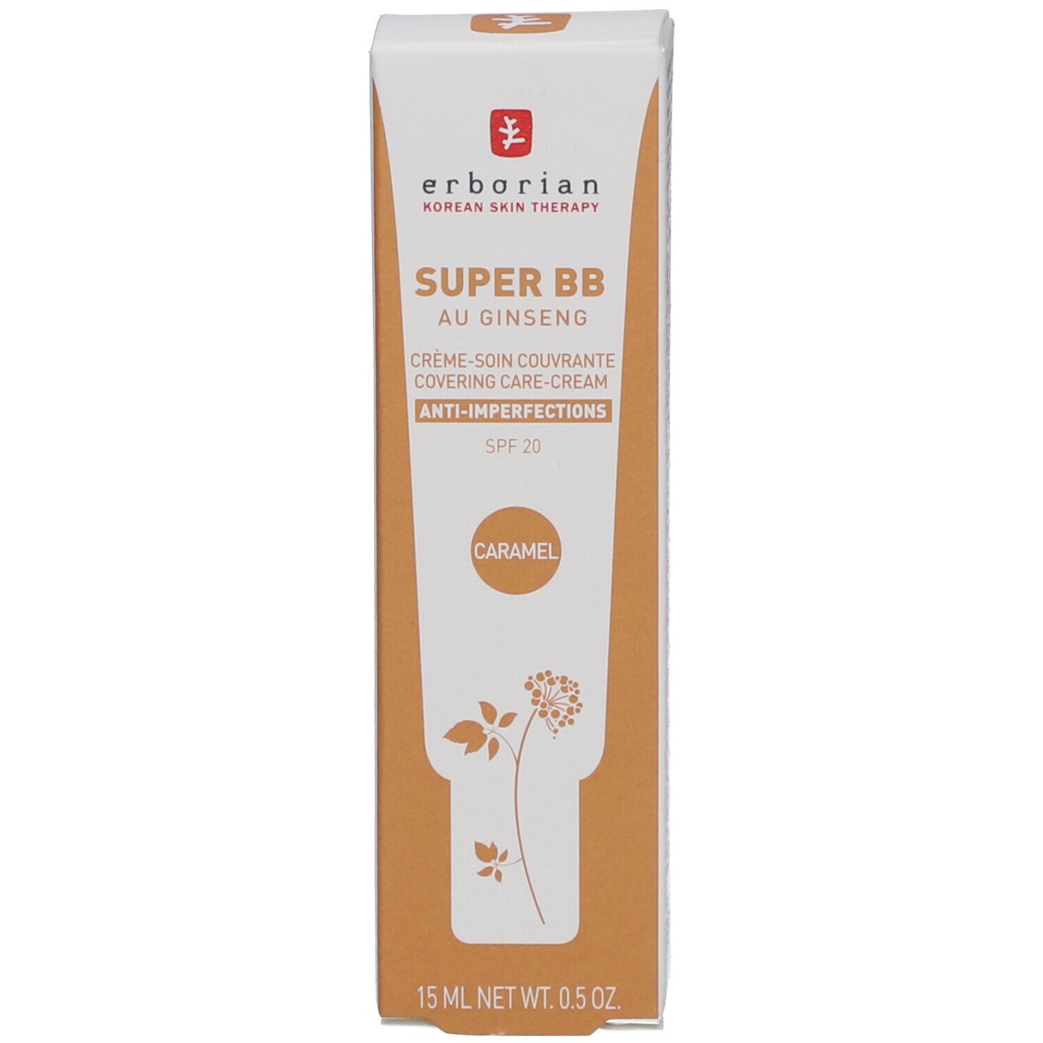Produktverpackung. Weiß und orange. Aufschrift: SUPER BB, au Ginseng, Creme-soin couvrante, Anti-imperfections, SPF 20. Marke: Erborian.