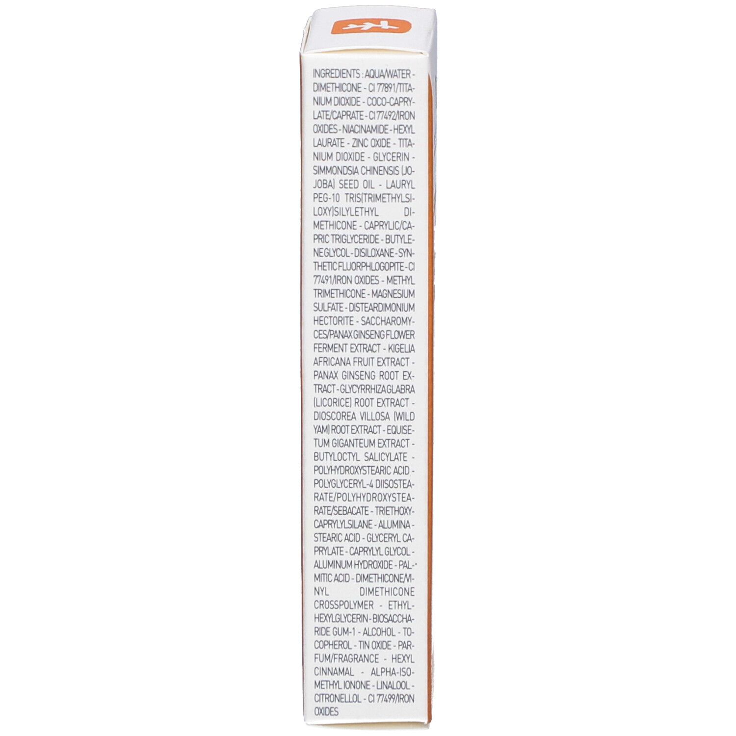 Produktverpackung. Seite mit Inhaltsstoffen. Marke: Erborian. Text: Inhaltsstoffe, Auflistung chemischer Verbindungen. Hintergrund: orange.