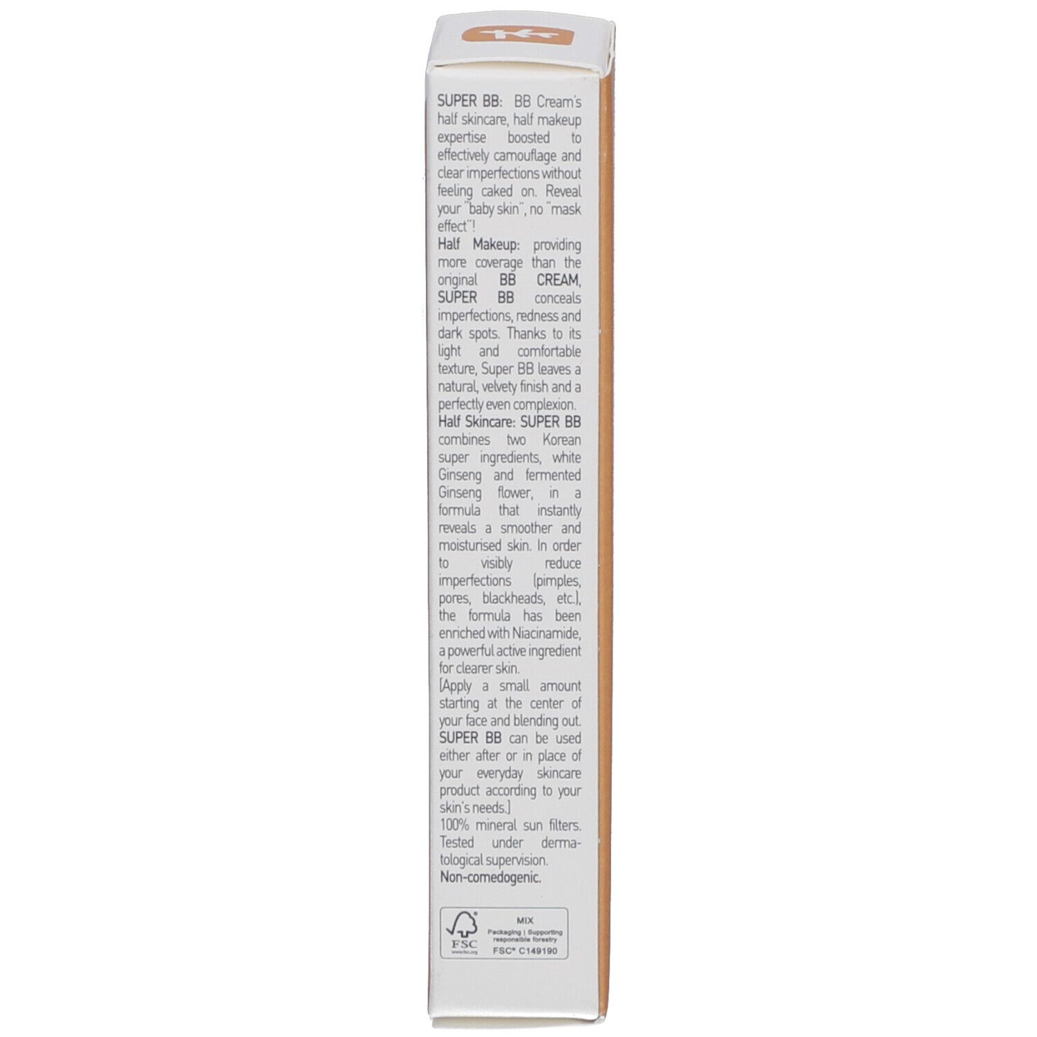 Produktverpackung. Seite mit Produktbeschreibung. Marke: Erborian. Text: SUPER BB Cream, Beschreibung, Anwendungshinweise, Inhaltsstoffe.