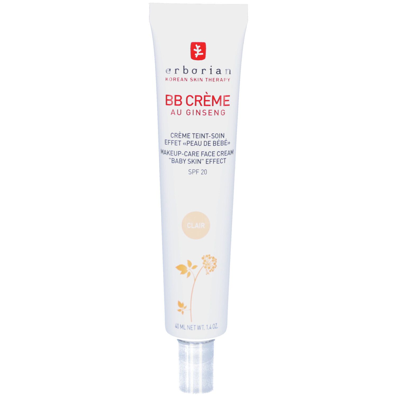 Weiße Tube mit BB Crème Clair. Aufschrift: Erborian, BB Crème au Ginseng, SPF 20. 40 ml.