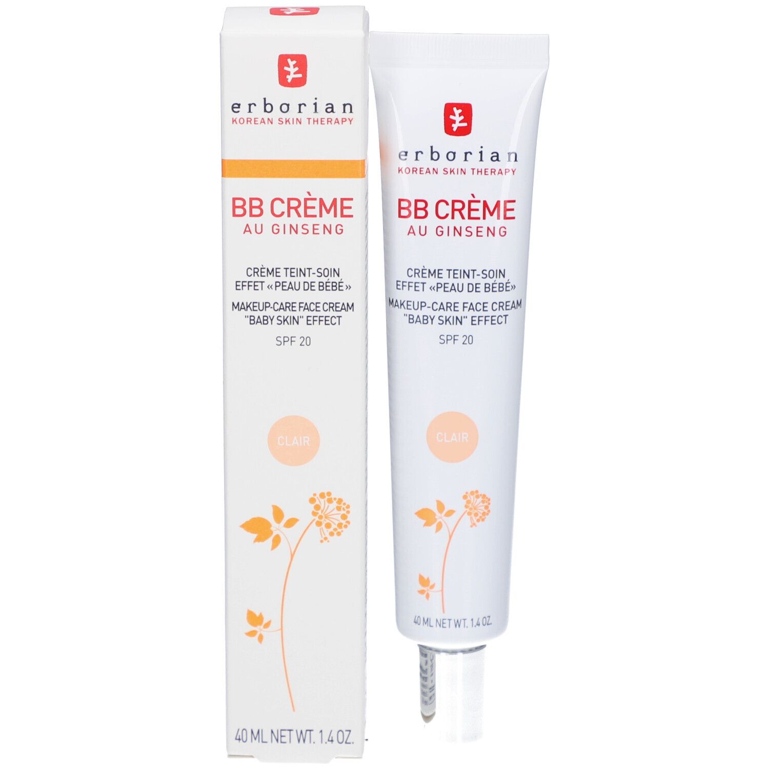 BB Crème Clair in Verpackung. Aufschrift: Erborian, BB Crème au Ginseng, SPF 20. 40 ml. Verpackung und Tube.