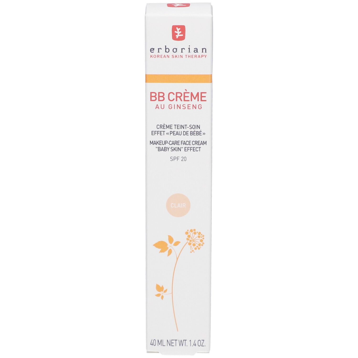 Verpackung von BB Crème Clair. Aufschrift: Erborian, BB Crème au Ginseng, SPF 20. 40 ml.