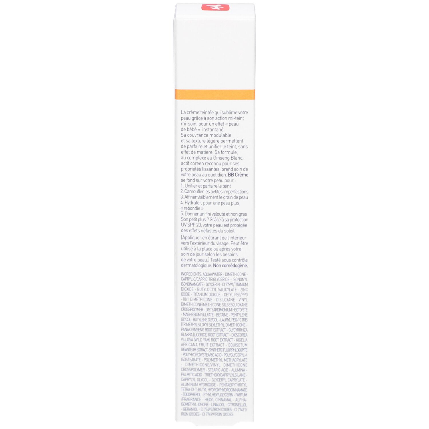 Rückseite der Verpackung. Text in französischer Sprache. Enthält Informationen zum Produkt und Inhaltsstoffe.