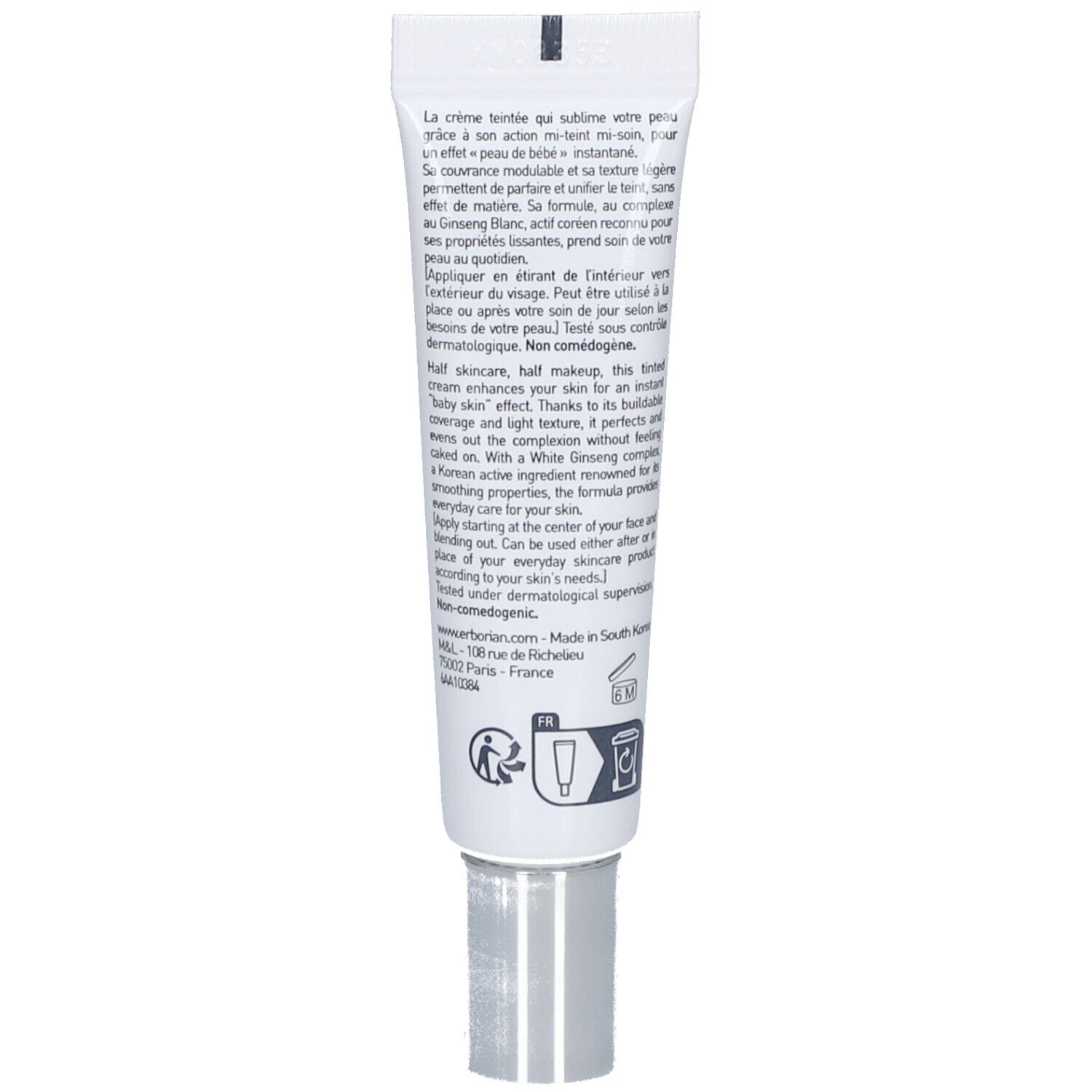 Rückseite der Tube. Text in mehreren Sprachen. Informationen zur Anwendung und Inhaltsstoffe.