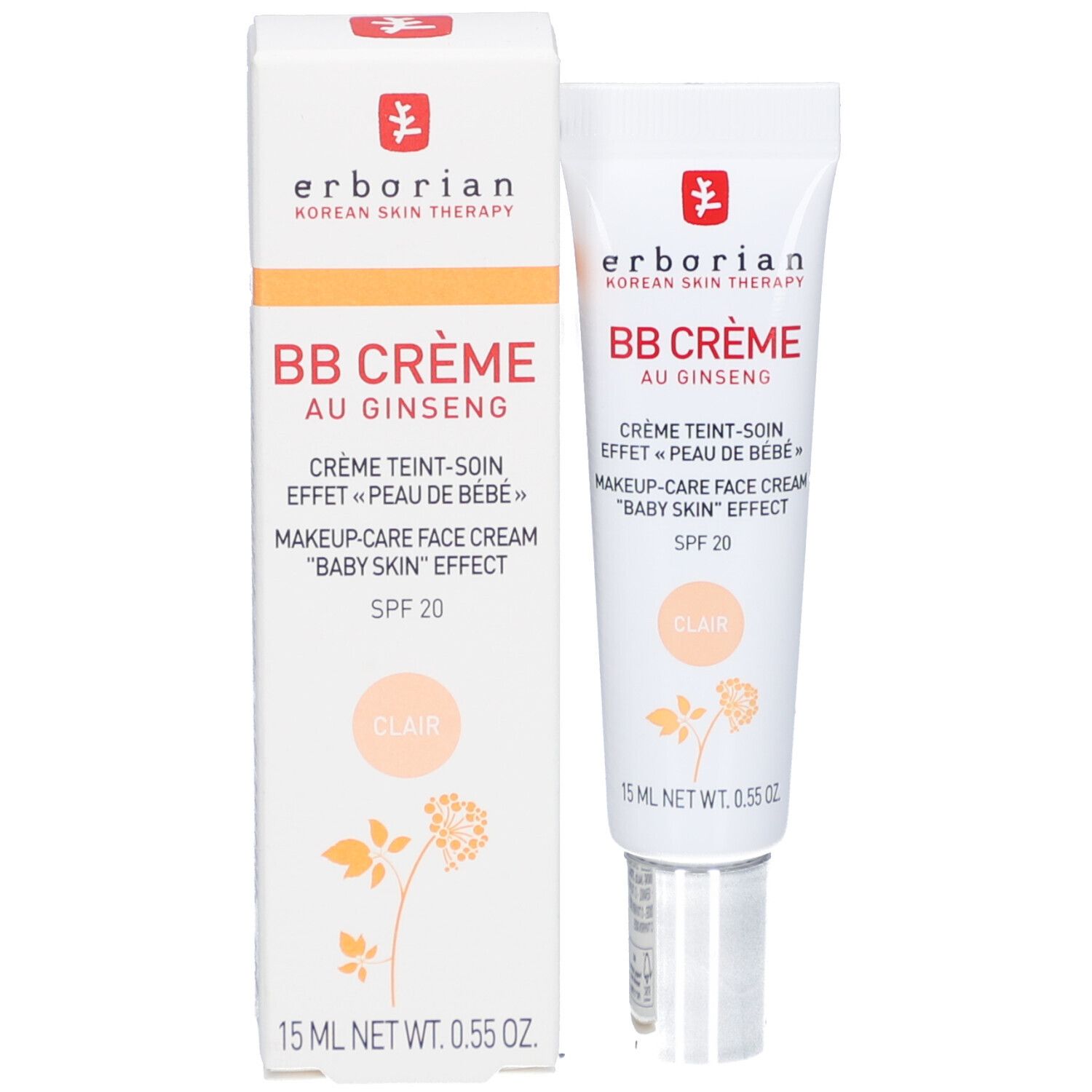 Produkt und Verpackung. Weiße Schachtel und Tube. Produktname: BB Crème Clair. Mit SPF 20. 15 ml.