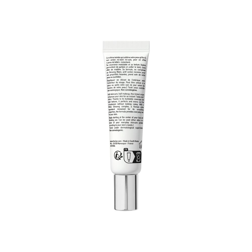 Rückseite eines Erborian BB Creme Clair Tulous mit Inhaltsstoffen und Anwendungshinweisen.