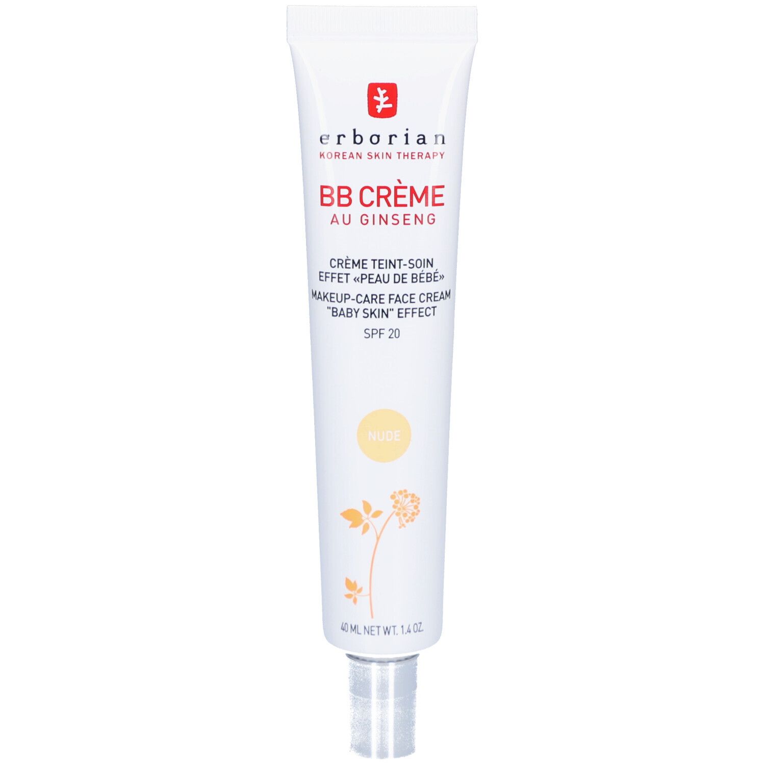 Creme-Tube mit Aufschrift BB CRÈME AU GINSENG. Enthält SPF 20. Farbe: Nude. Marke: Erborian.