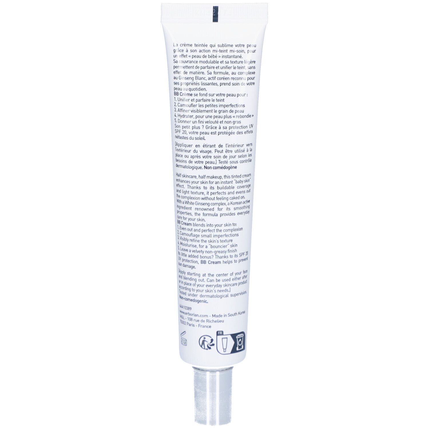 Rückseite der Creme-Tube. Text in mehreren Sprachen. Enthält Informationen zur Anwendung und Inhaltsstoffen.