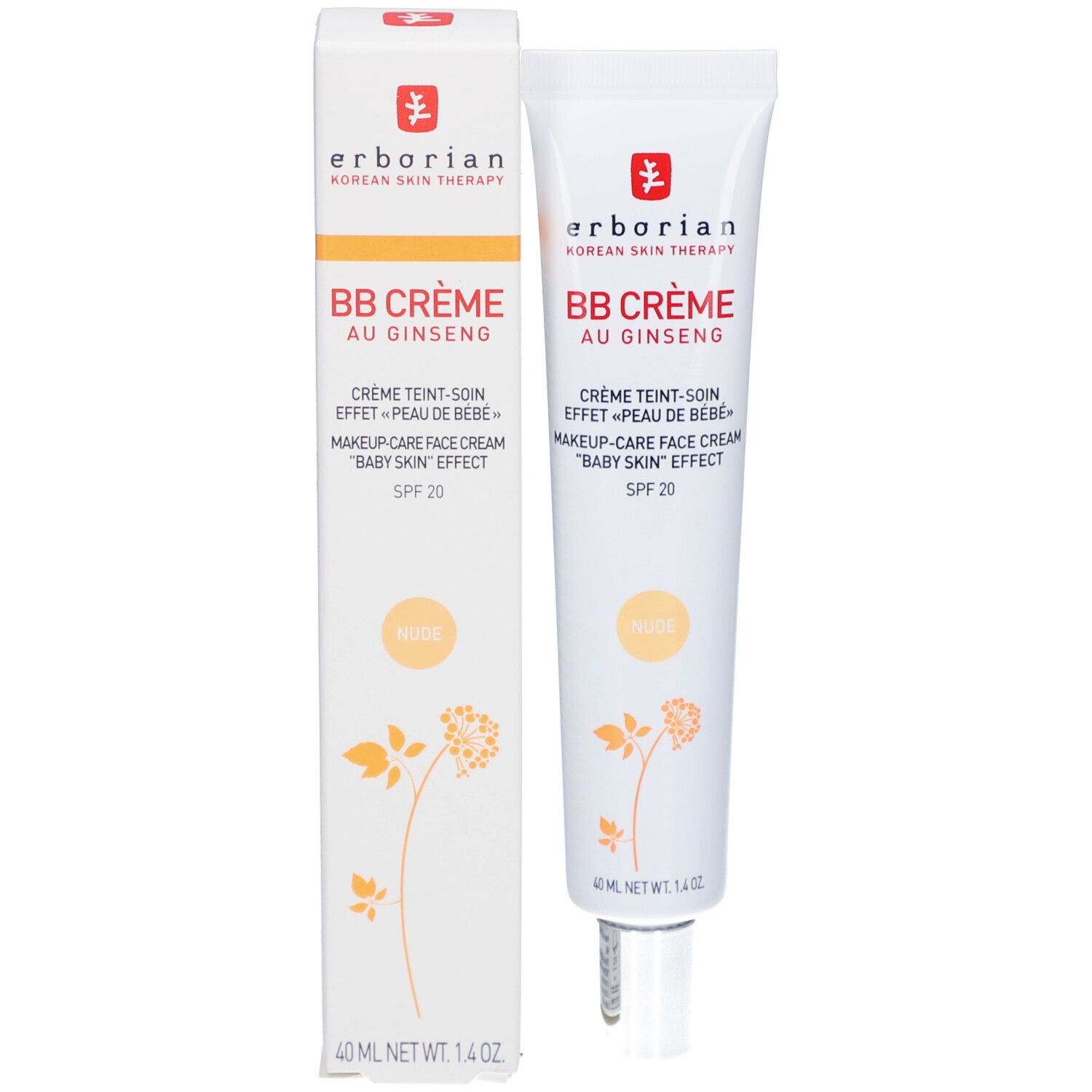 Produktverpackung mit Tube und Schachtel. BB CRÈME AU GINSENG. SPF 20. Farbe: Nude. Marke: Erborian.