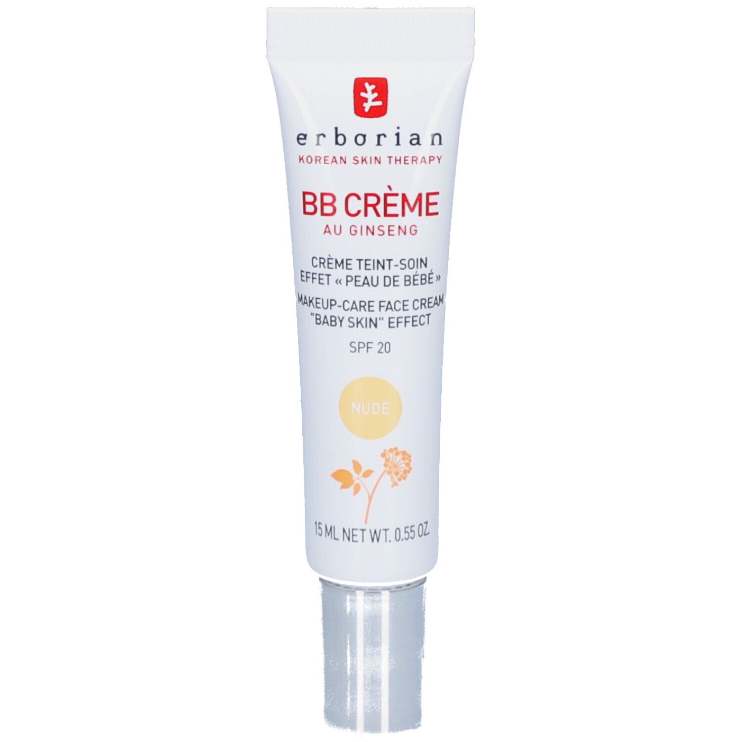 Weiße Tube mit BB Crème Nude. Aufschrift: Erborian, BB Crème au Ginseng, SPF 20. 15 ml.
