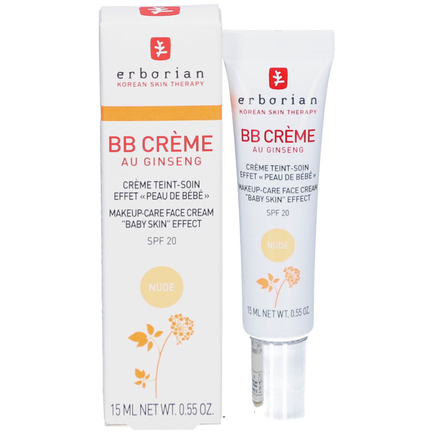 Produktverpackung mit Tube BB Crème Nude. Aufschrift: Erborian, BB Crème au Ginseng, SPF 20. 15 ml.