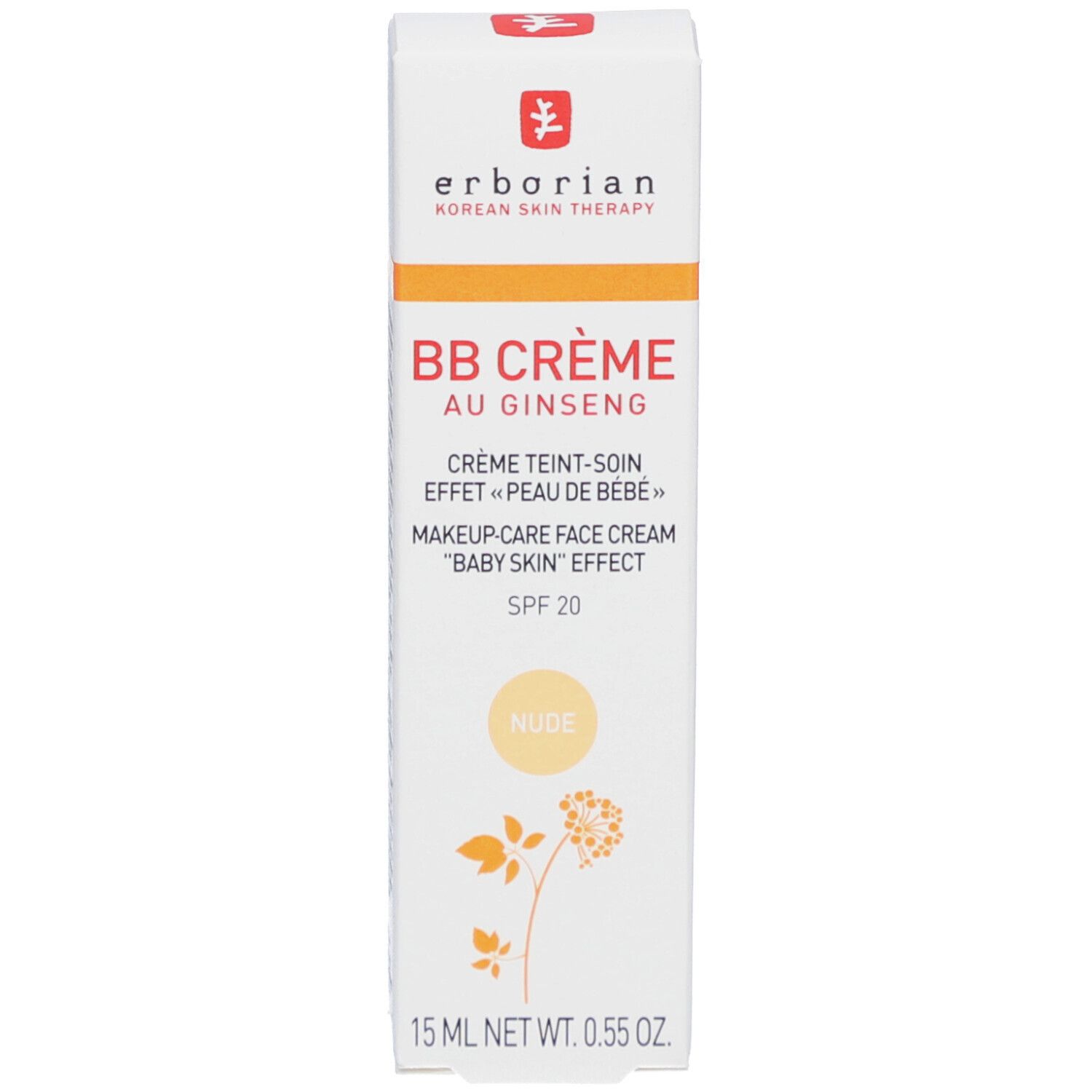 Produktverpackung mit BB Crème Nude. Aufschrift: Erborian, BB Crème au Ginseng, SPF 20. 15 ml.