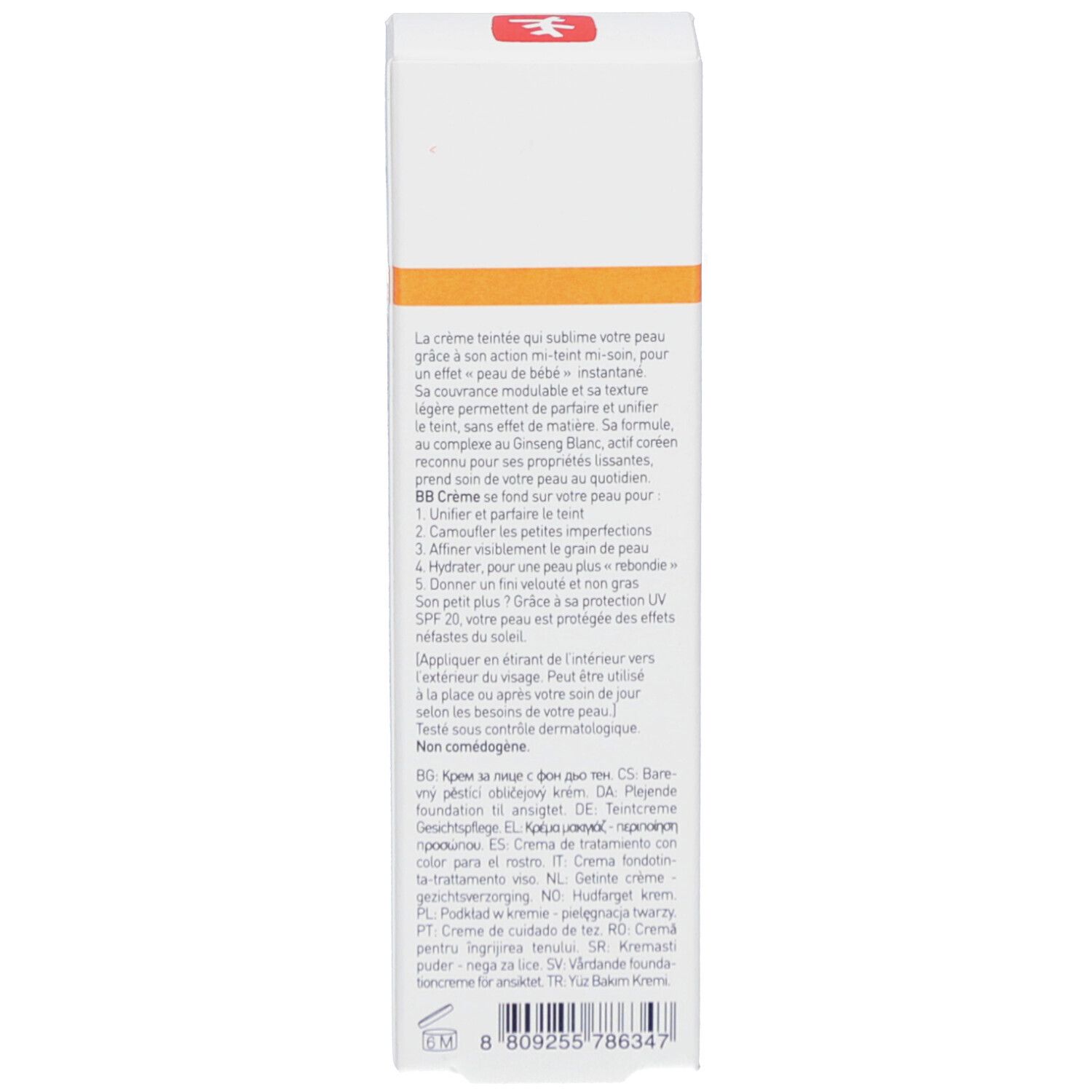 Rückseite der Produktverpackung mit Text. Informationen über das Produkt und Inhaltsstoffe.