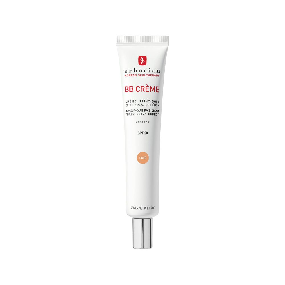 Weiße Tube mit silbernem Verschluss, Erborian BB Creme, SPF 20, Farbton Doré.