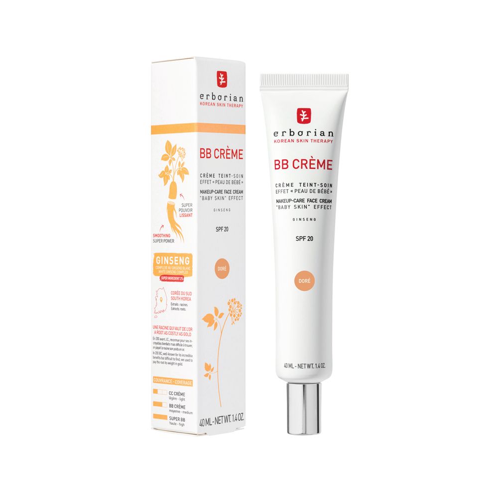 Erborian BB Creme Doré Tube und Verpackung, mit Ginseng-Motiv und SPF 20 Angabe.