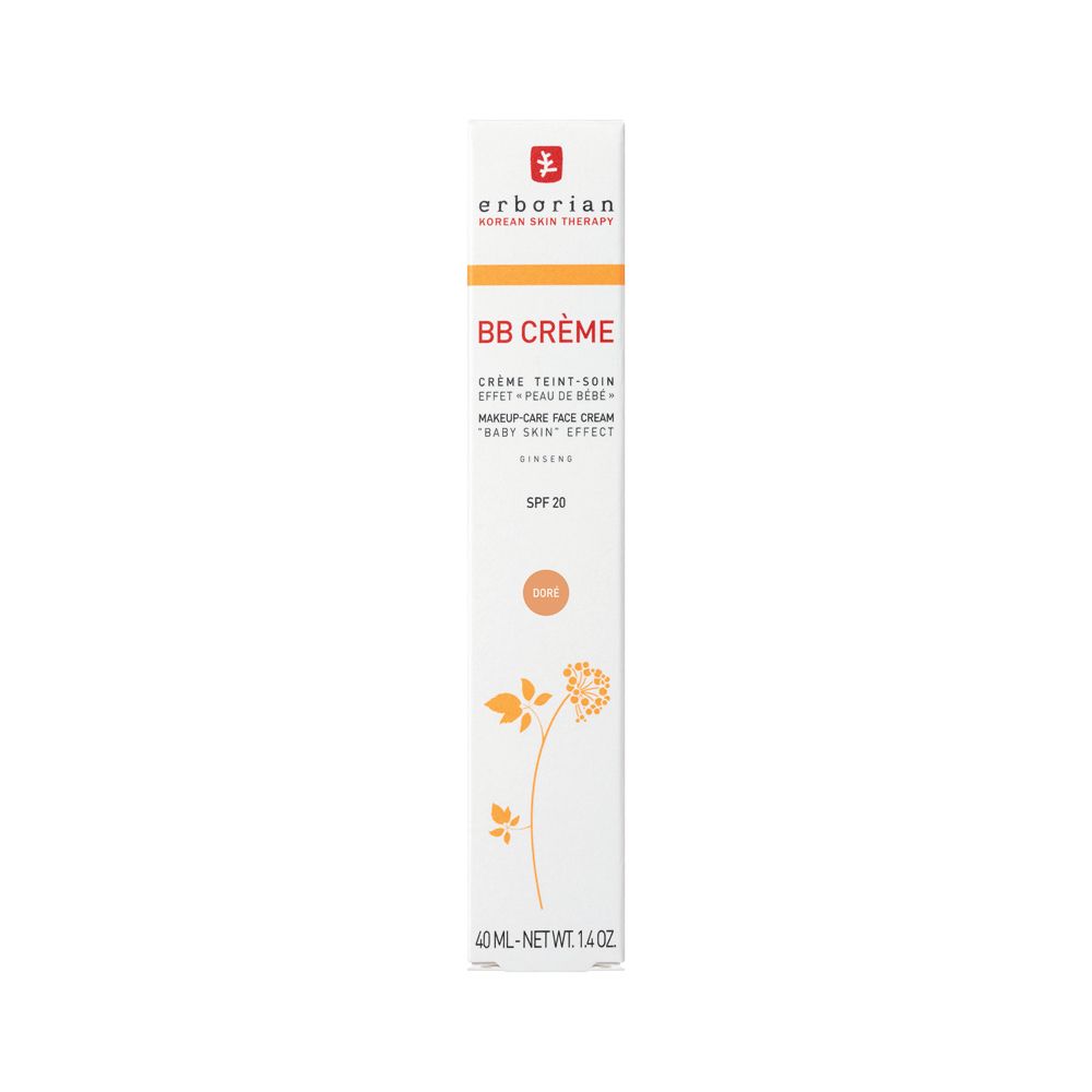 Verpackung der Erborian BB Creme Doré mit floralem Muster und SPF 20 Angabe.