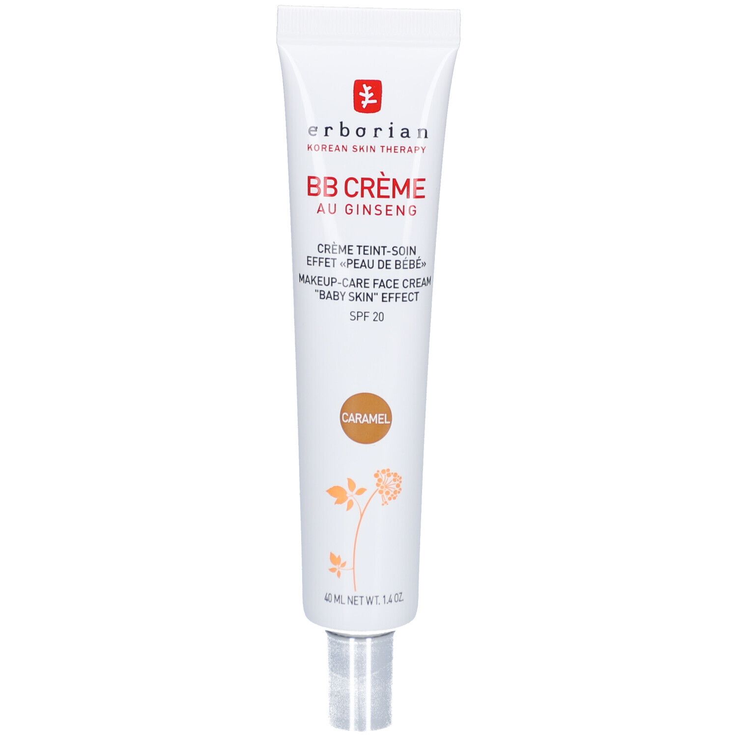 Weiß-beige Tube mit BB Crème Caramel. Marke: Erborian. Text: BB Crème au Ginseng, SPF 20. Braune Farbmarkierung.