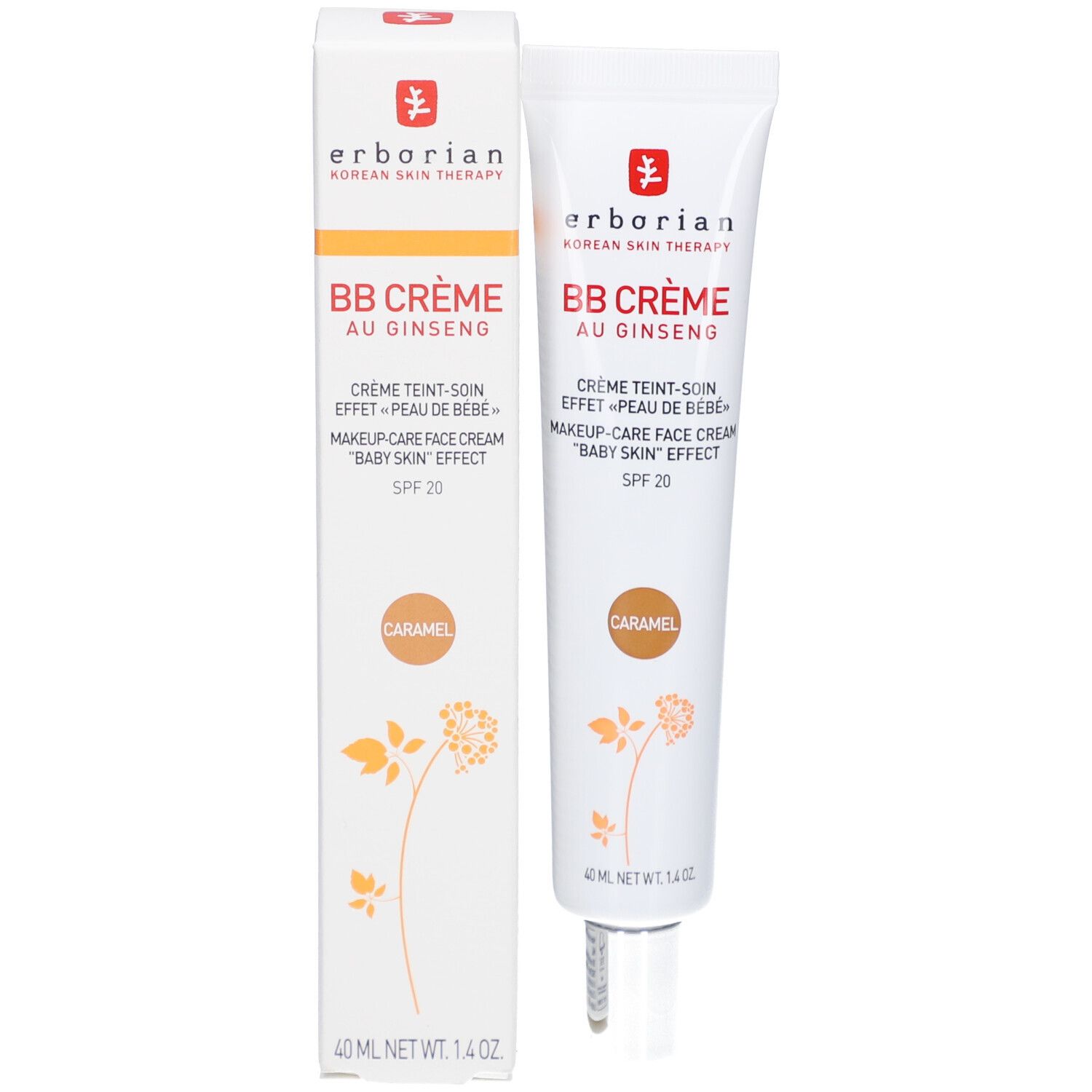 BB Crème Caramel Tube und Verpackung. Marke: Erborian. Text: BB Crème au Ginseng, SPF 20. Braune Farbmarkierung. 40 ml.