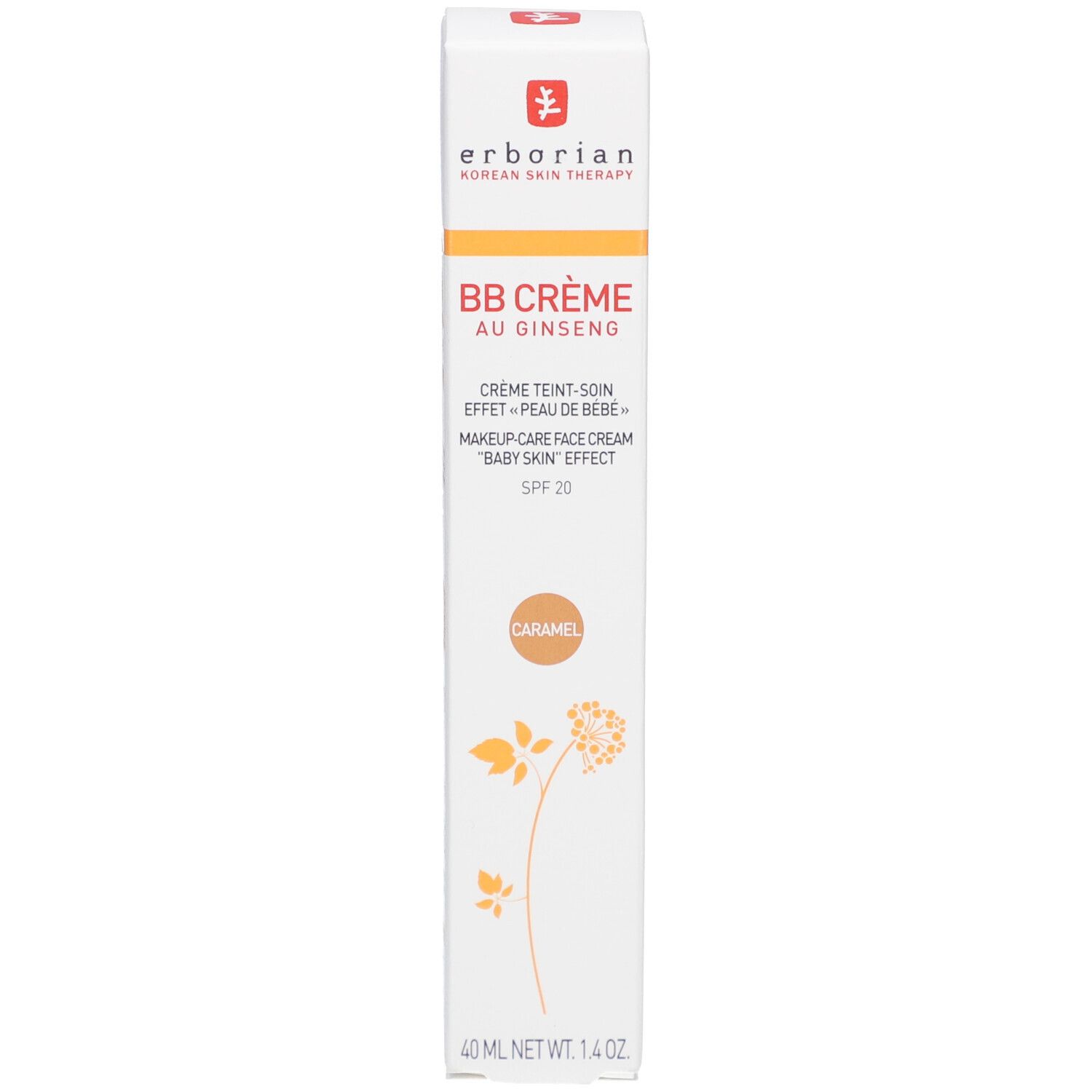 Verpackung der BB Crème Caramel. Marke: Erborian. Text: BB Crème au Ginseng, SPF 20. Braune Farbmarkierung. 40 ml.