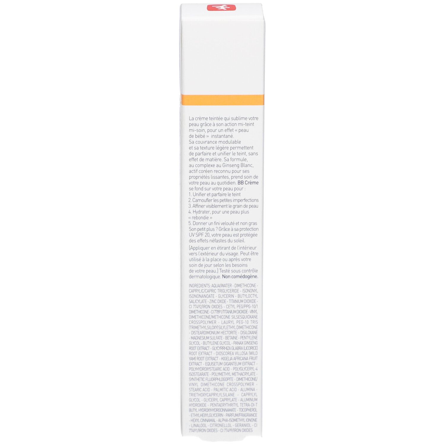 Verpackung, Seite. Text in Französisch. Informationen zur Anwendung und Inhaltsstoffen. Logos und Zertifizierungen.
