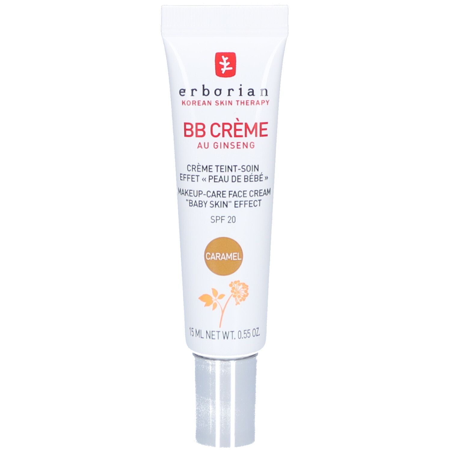 Weiße Tube mit silbernem Deckel. Aufschrift: BB CRÈME AU GINSENG, Caramel. Enthält SPF 20. 15 ml.