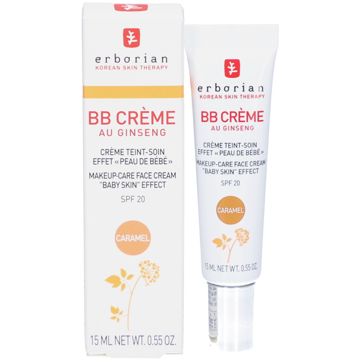 Produktverpackung. Tube und Schachtel. Aufschrift: BB CRÈME AU GINSENG, Caramel. Enthält SPF 20. 15 ml.