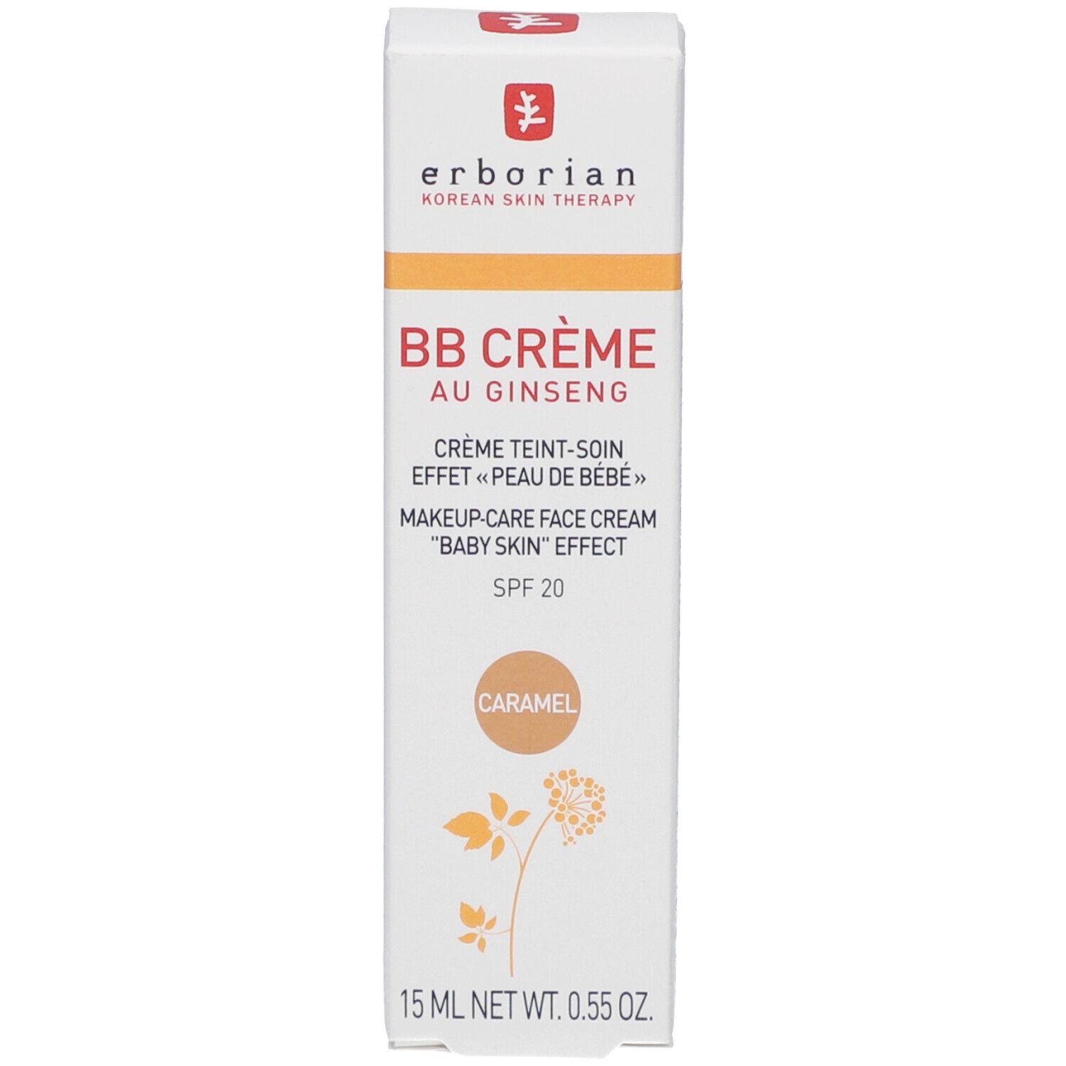 Produktverpackung. Weiße Schachtel mit Aufschrift: BB CRÈME AU GINSENG, Caramel. Enthält SPF 20. 15 ml.