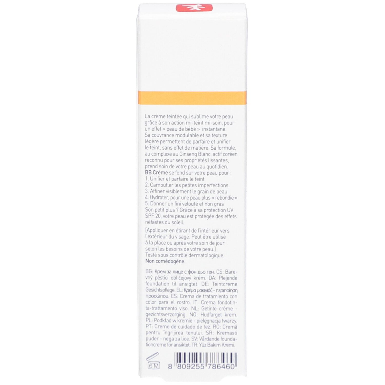 Seite der Produktverpackung. Text in mehreren Sprachen. Enthält Informationen zur Anwendung und Inhaltsstoffe.