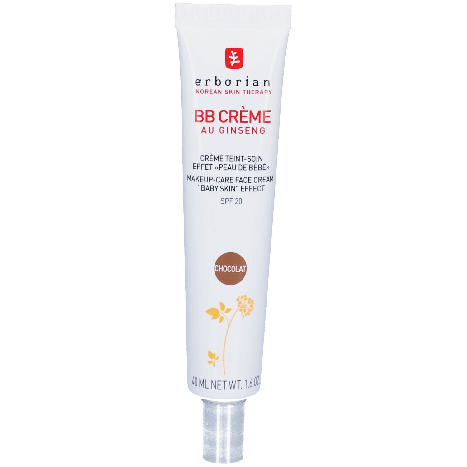 Weiße Tube mit BB Crème Chocolat von Erborian. Text und Logo in Rot und Braun. Unten Blumenmuster.