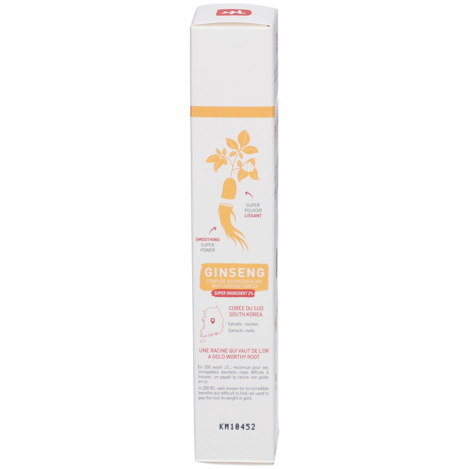 Verpackung von BB Crème. Gelber Streifen mit Text. Ginseng-Illustration. Text in mehreren Sprachen.