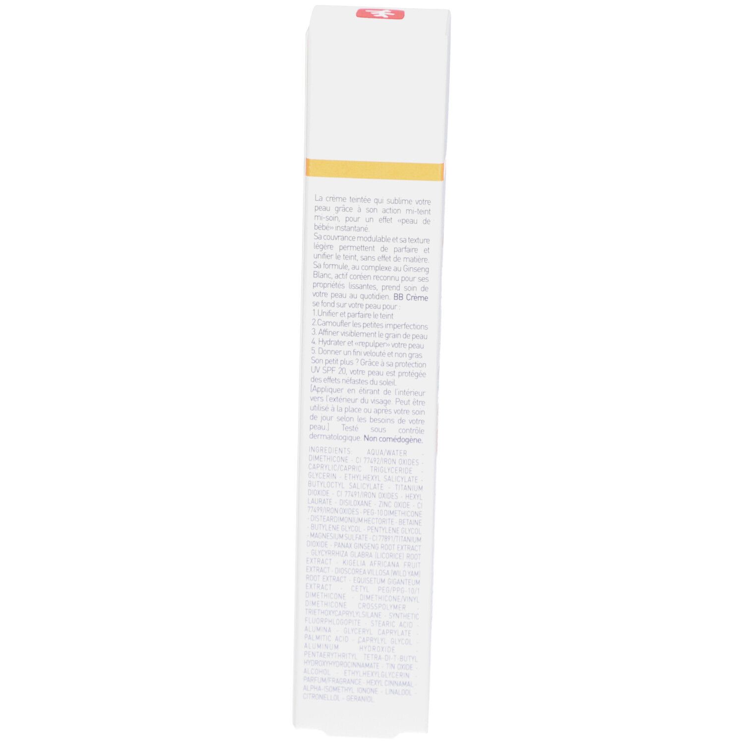 Rückseite der BB Crème Verpackung. Text in mehreren Sprachen. Informationen zu Inhaltsstoffen und Anwendung.