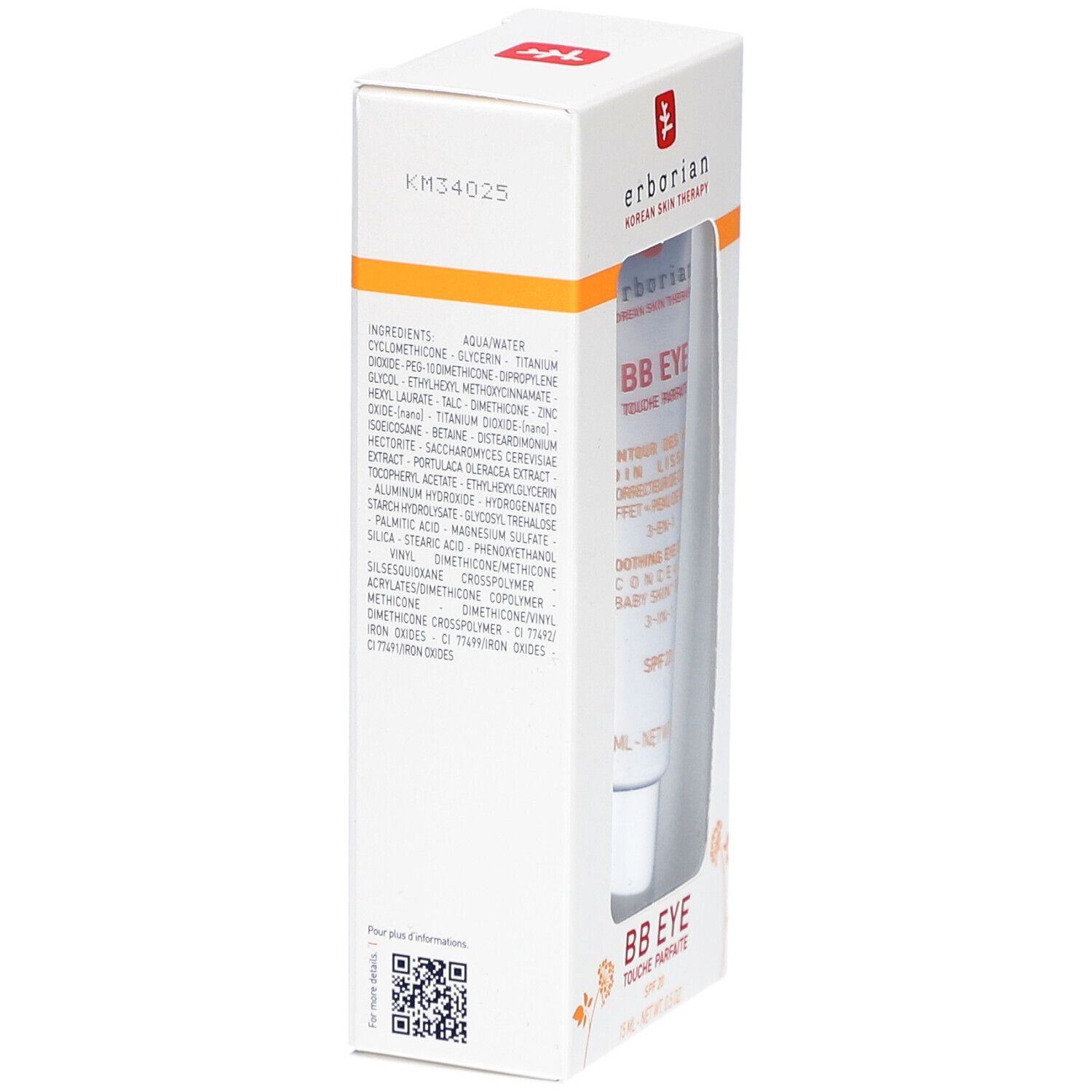 Seitenansicht der Verpackung von BB Eye Touche Parfaite. Zutatenliste und Produktinformationen sind sichtbar.