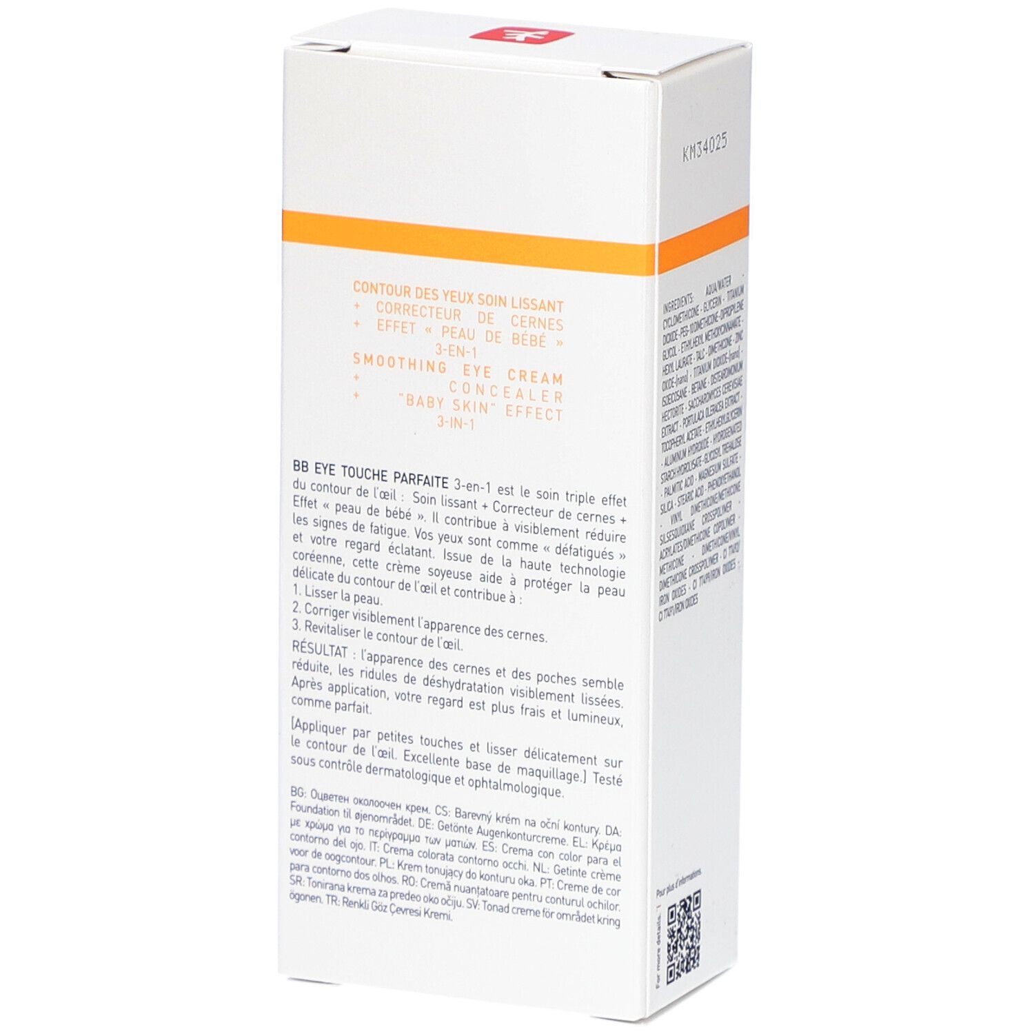 Rückseite der Verpackung von BB Eye Touche Parfaite. Produktbeschreibung und Informationen sind sichtbar.