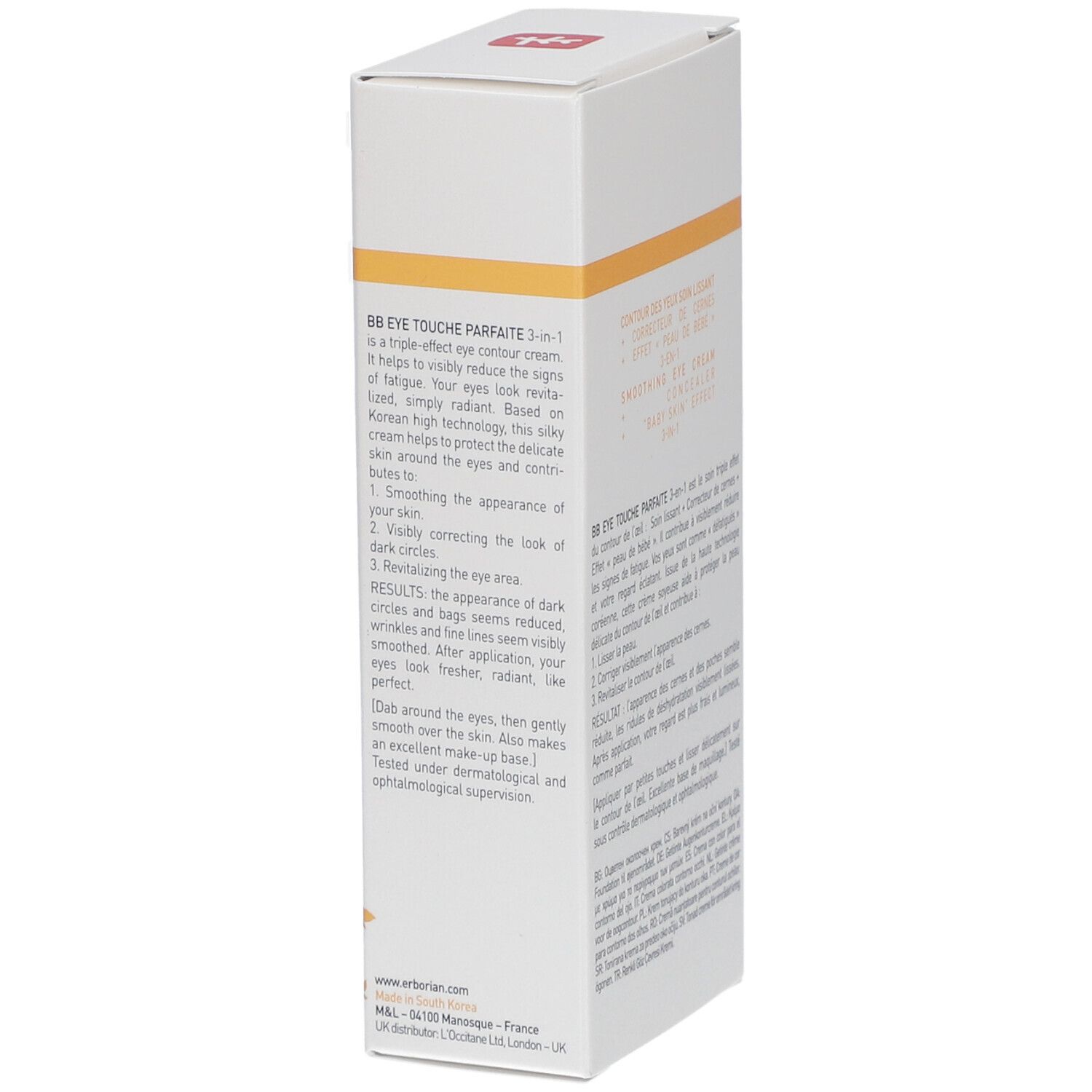 Seitenansicht der Verpackung von BB Eye Touche Parfaite. Produktbeschreibung und Informationen sind sichtbar.