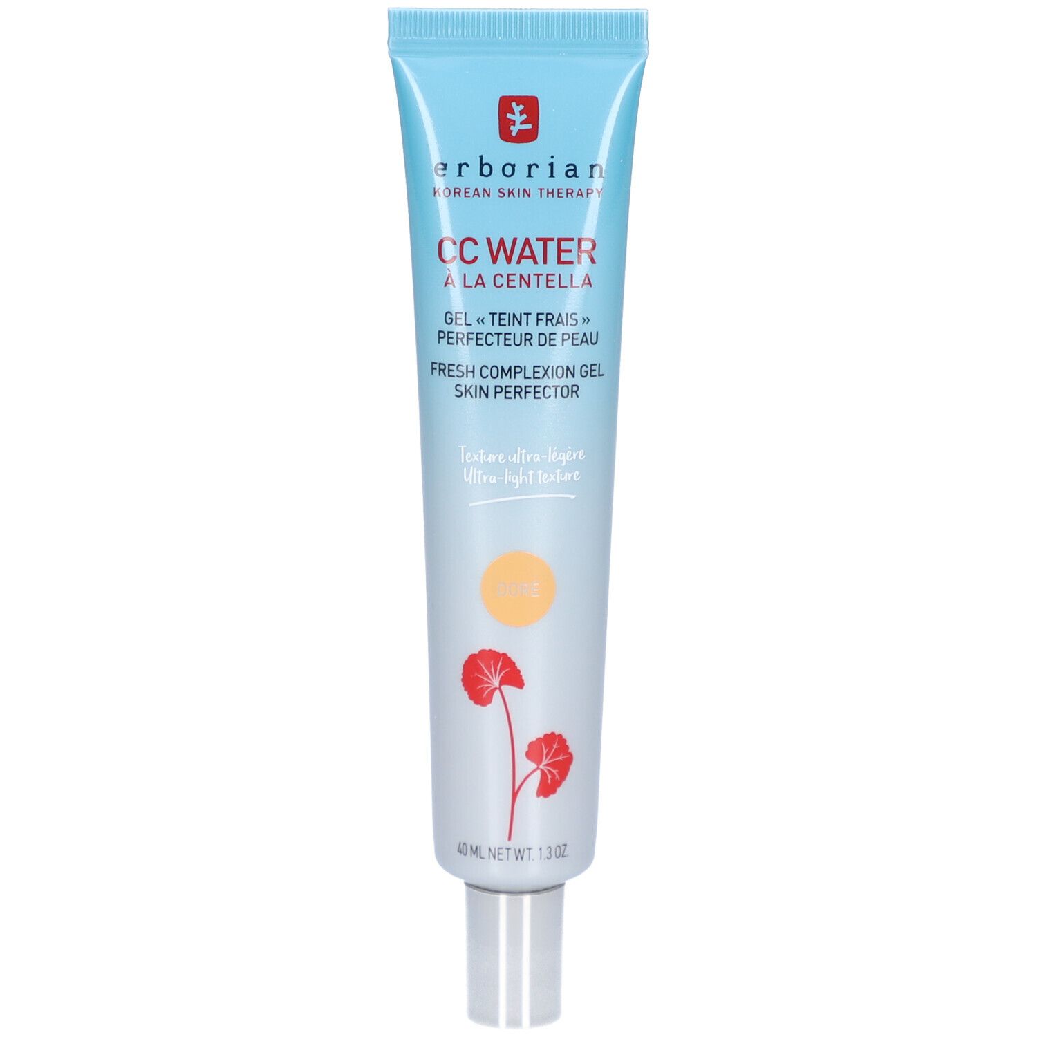 Hellblaue Tube mit CC WATER à la Centella. Gel für einen frischen Teint. 40 ml. Mit Blüten-Illustration.