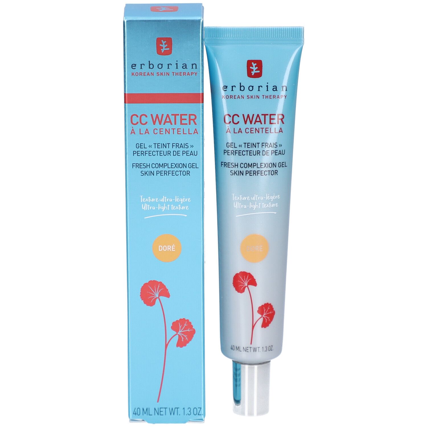 Hellblaue Tube und Schachtel CC WATER à la Centella. Gel für einen frischen Teint. 40 ml. Farbton Doré.