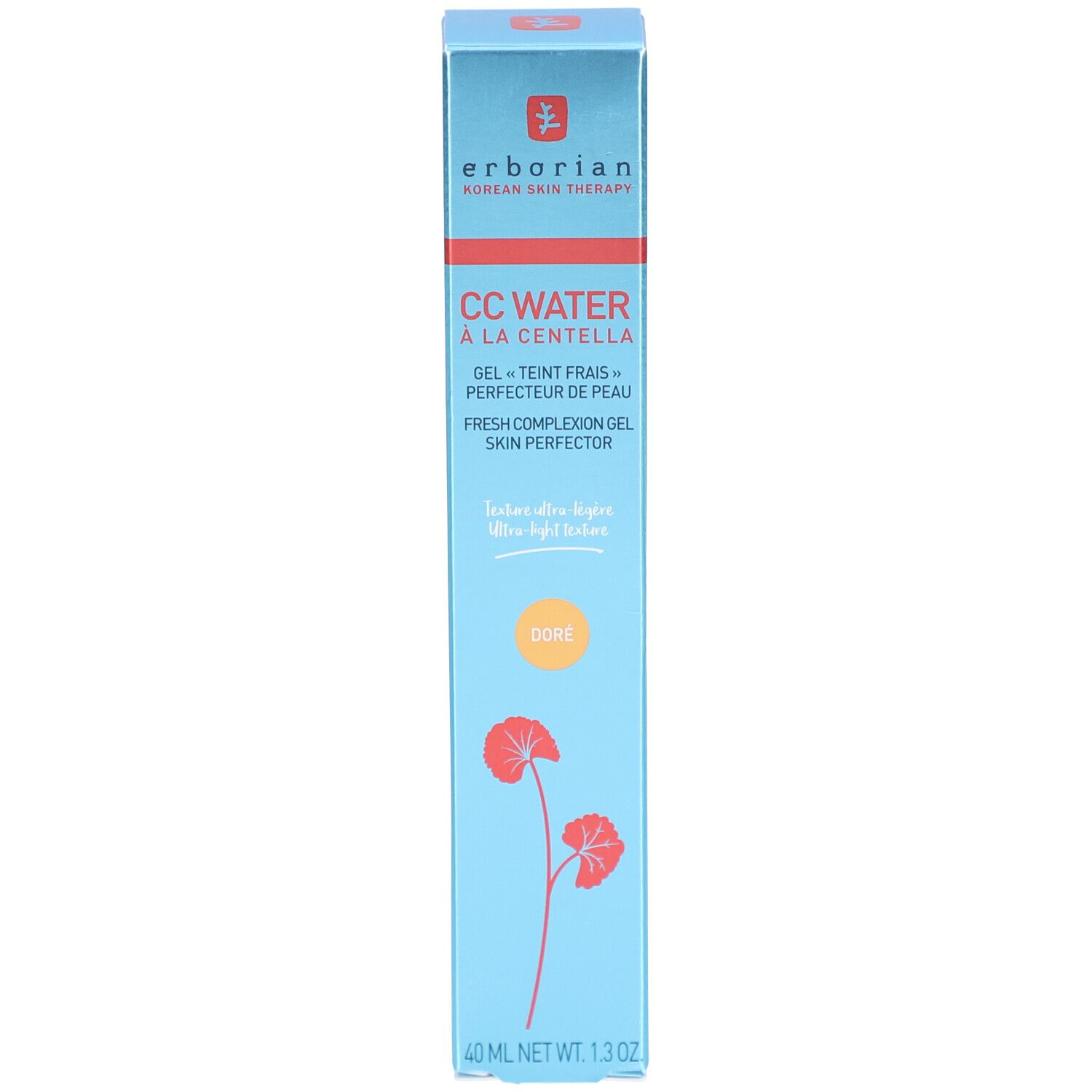 Hellblaue Schachtel CC WATER à la Centella. Gel für einen frischen Teint. Farbton Doré. 40 ml.