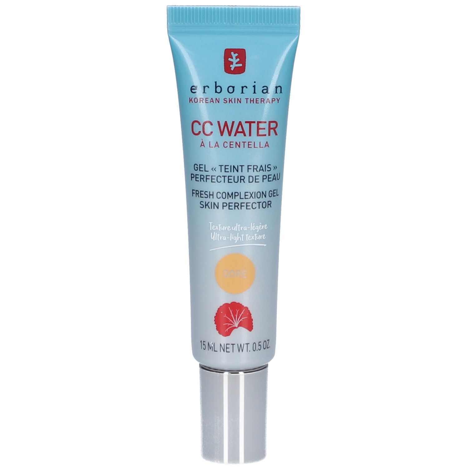 Türkisfarbene Tube mit CC Water Doré. Aufschrift: Erborian, CC Water, Gel «Teint frais», 15 ml.