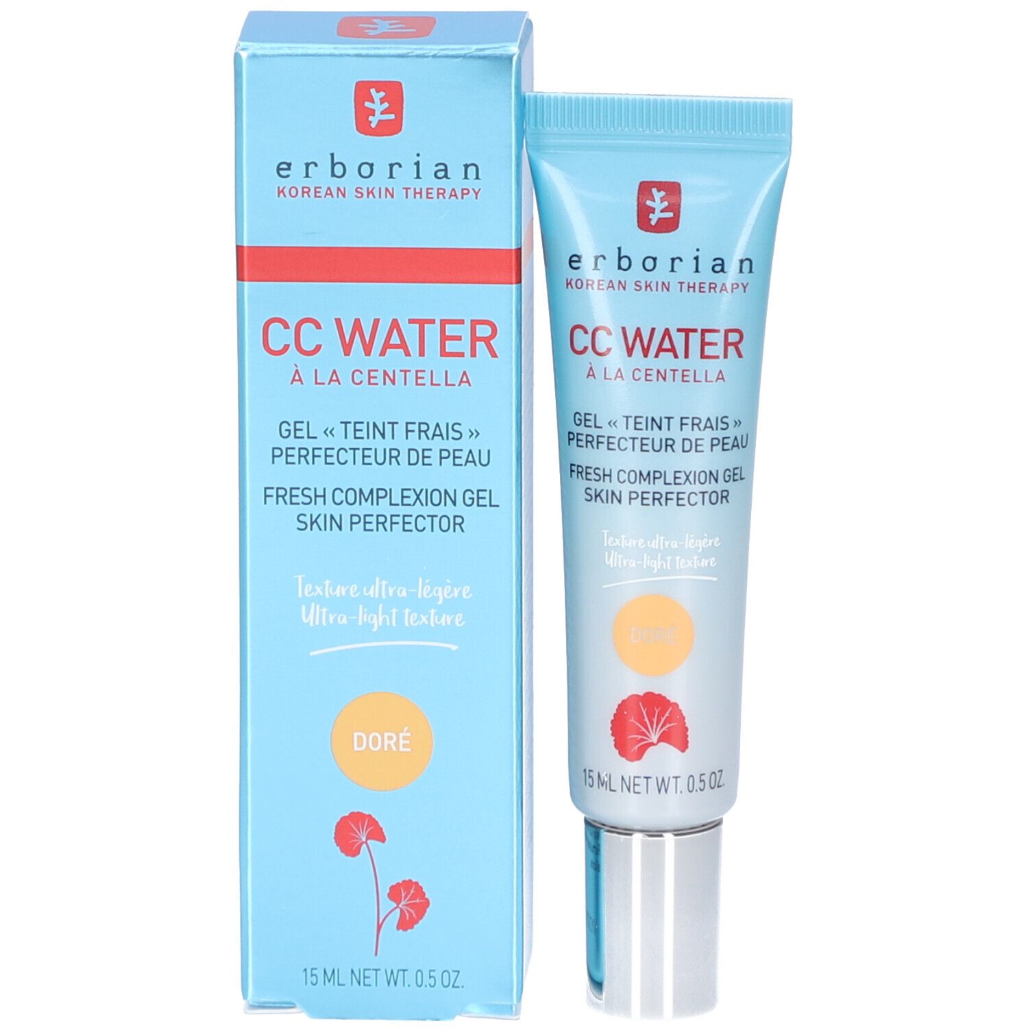 Türkisfarbene Schachtel und Tube CC Water Doré. Aufschrift: Erborian, CC Water, Gel «Teint frais», 15 ml.