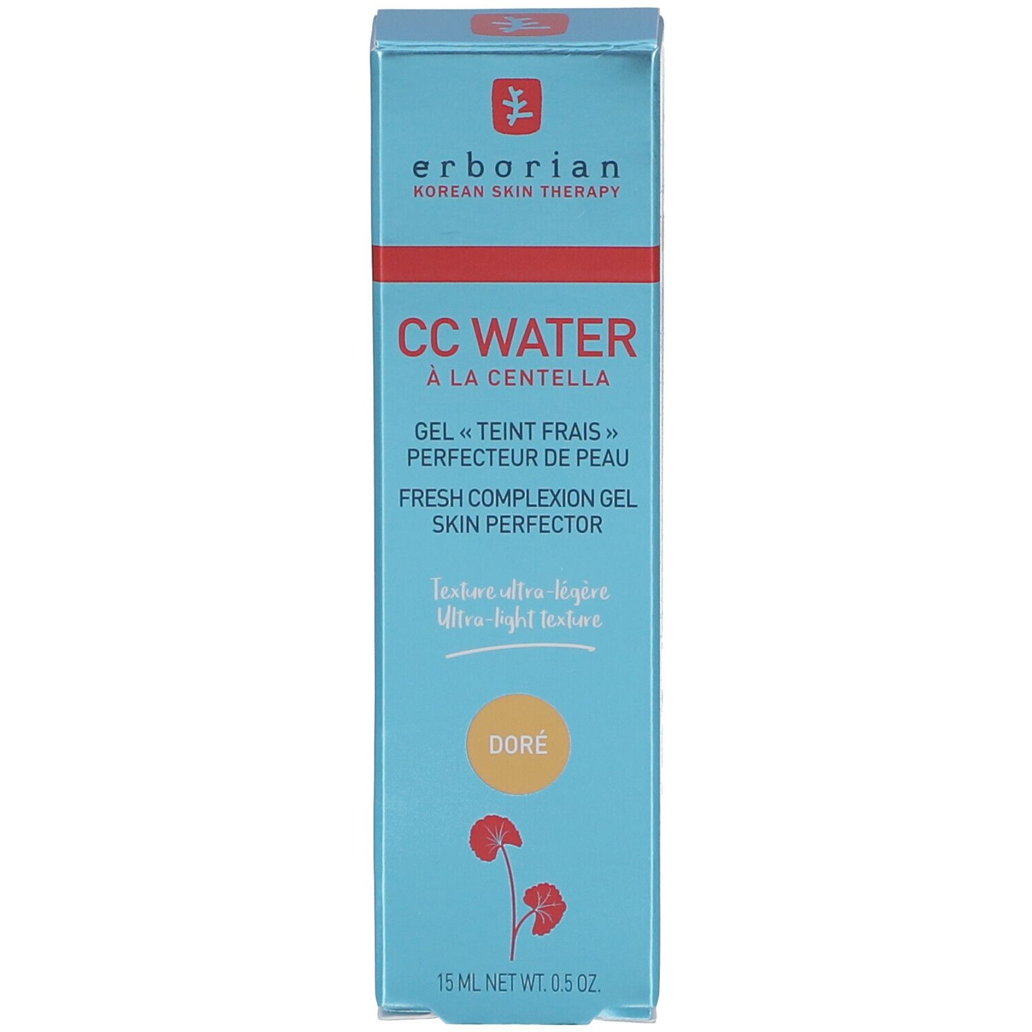 Türkisfarbene Schachtel mit CC Water Doré. Aufschrift: Erborian, CC Water, Gel «Teint frais», 15 ml.