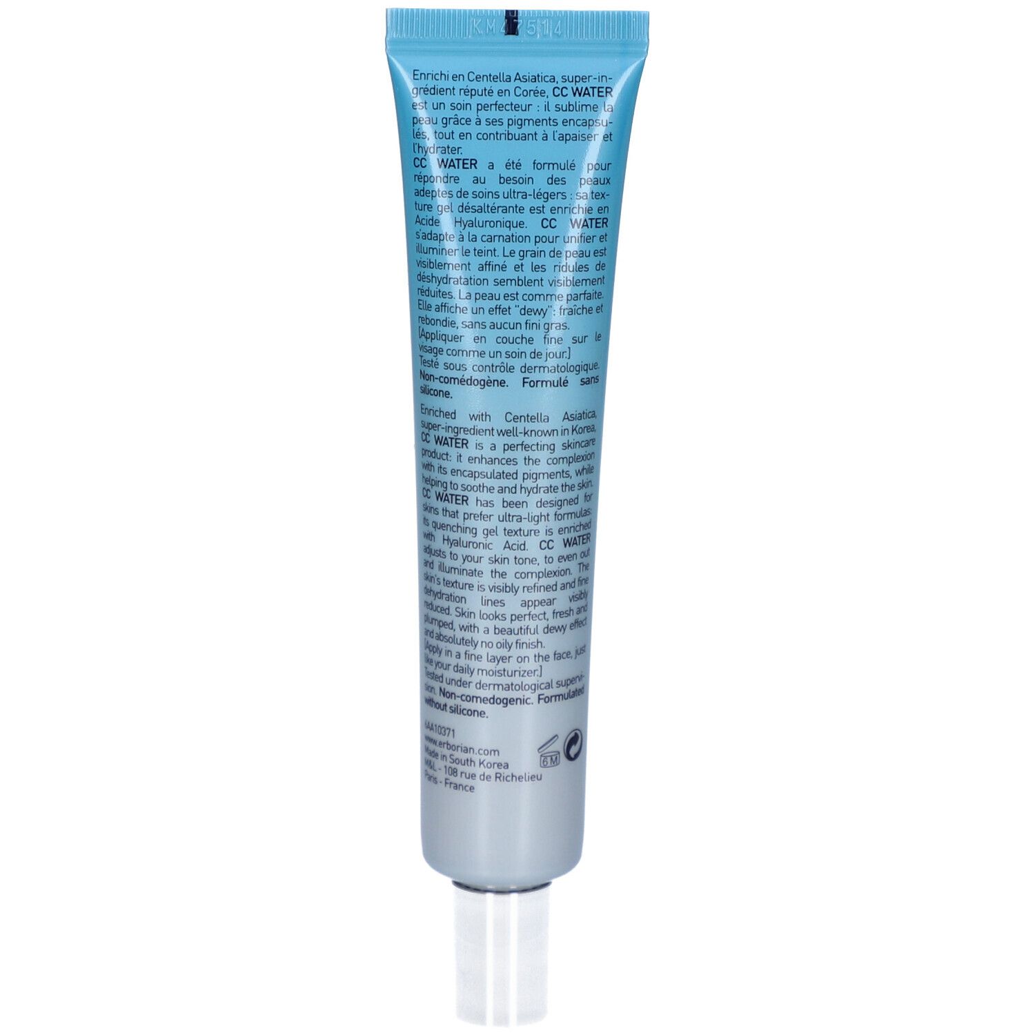 Rückseite der hellblauen Tube. Text in mehreren Sprachen. Enthält Inhaltsstoffe und Produktinformationen.