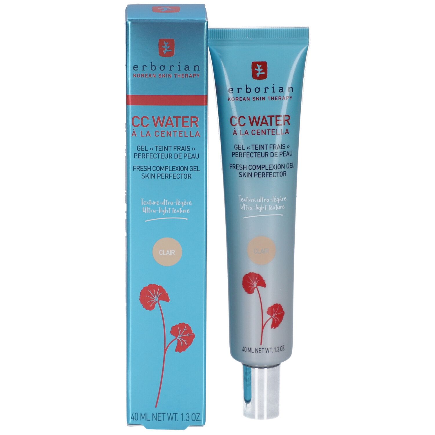 Produkt und Verpackung. Hellblaue Tube und Schachtel. Aufschrift: CC WATER à la Centella. Farbton: Clair. 40 ml.