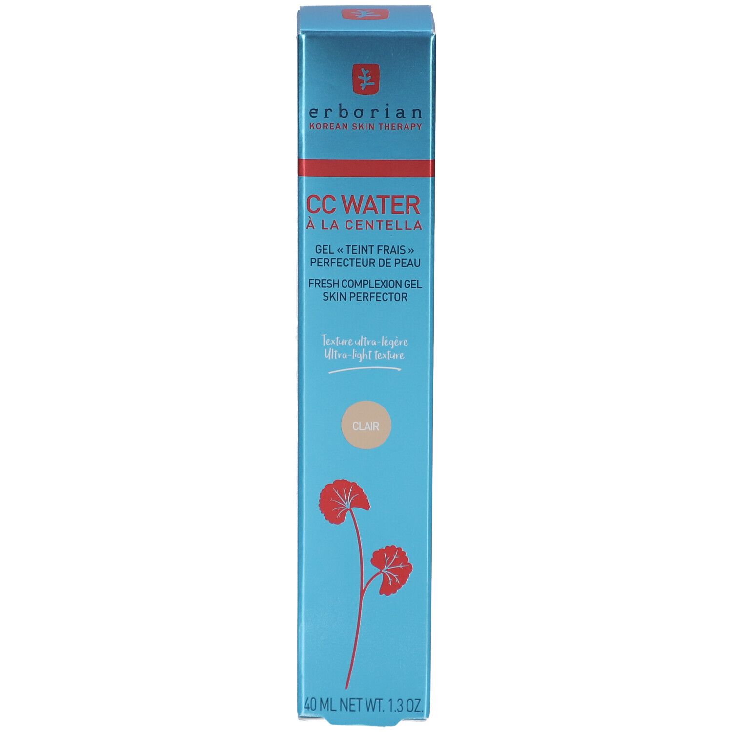 Hellblaue Schachtel. Aufschrift: CC WATER à la Centella, Gel Teint Frais, Perfecteur de Peau. Farbton: Clair. 40 ml.