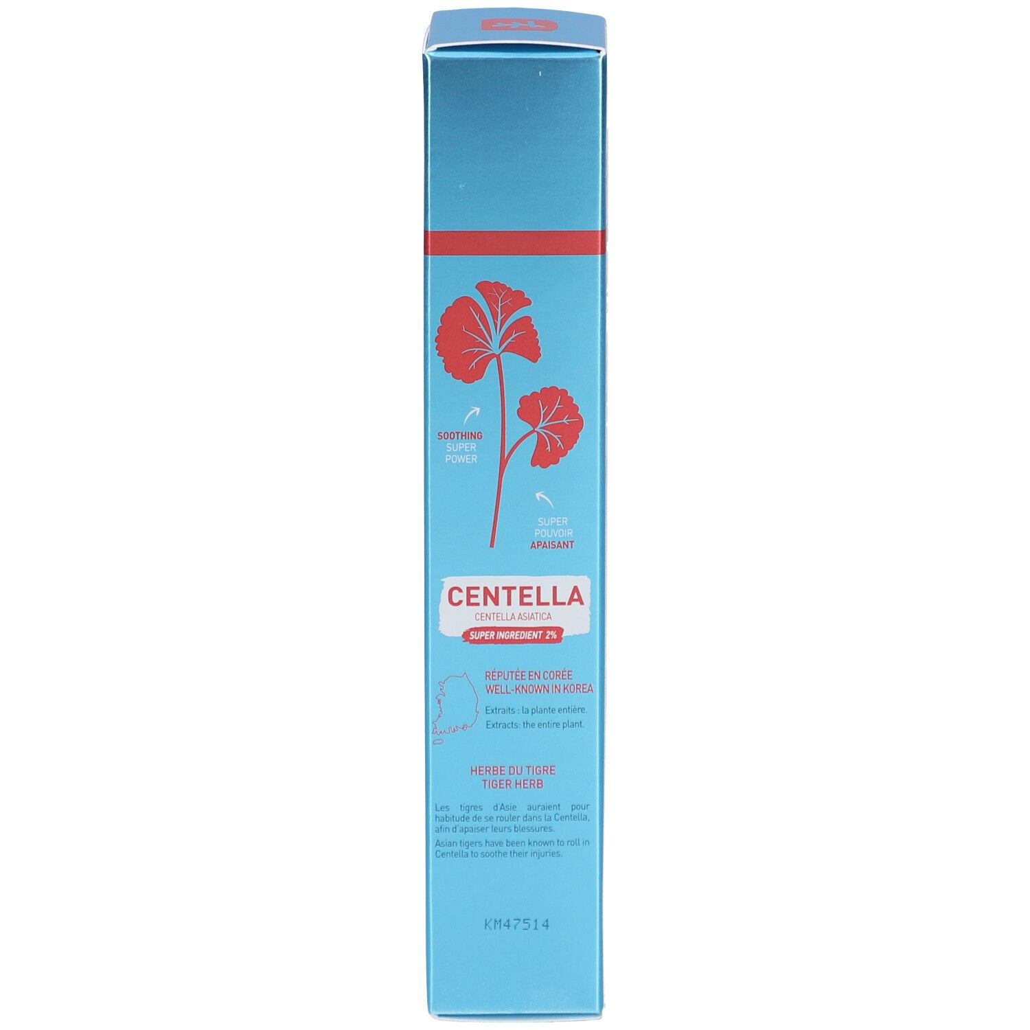 Hellblaue Schachtel. Rote Streifen und Logo. Text: Centella Asiatica. Super Ingrédient 2%.