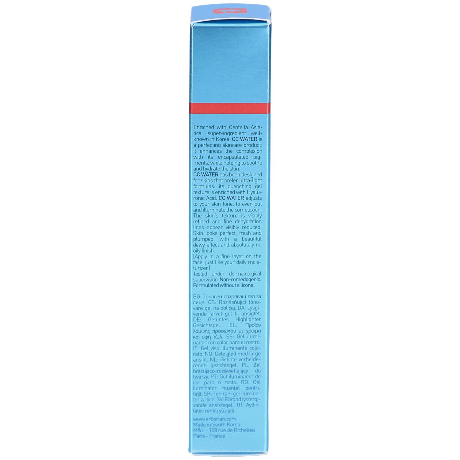 Hellblaue Schachtel. Text in mehreren Sprachen. Enthält Produktinformationen und Inhaltsstoffe.