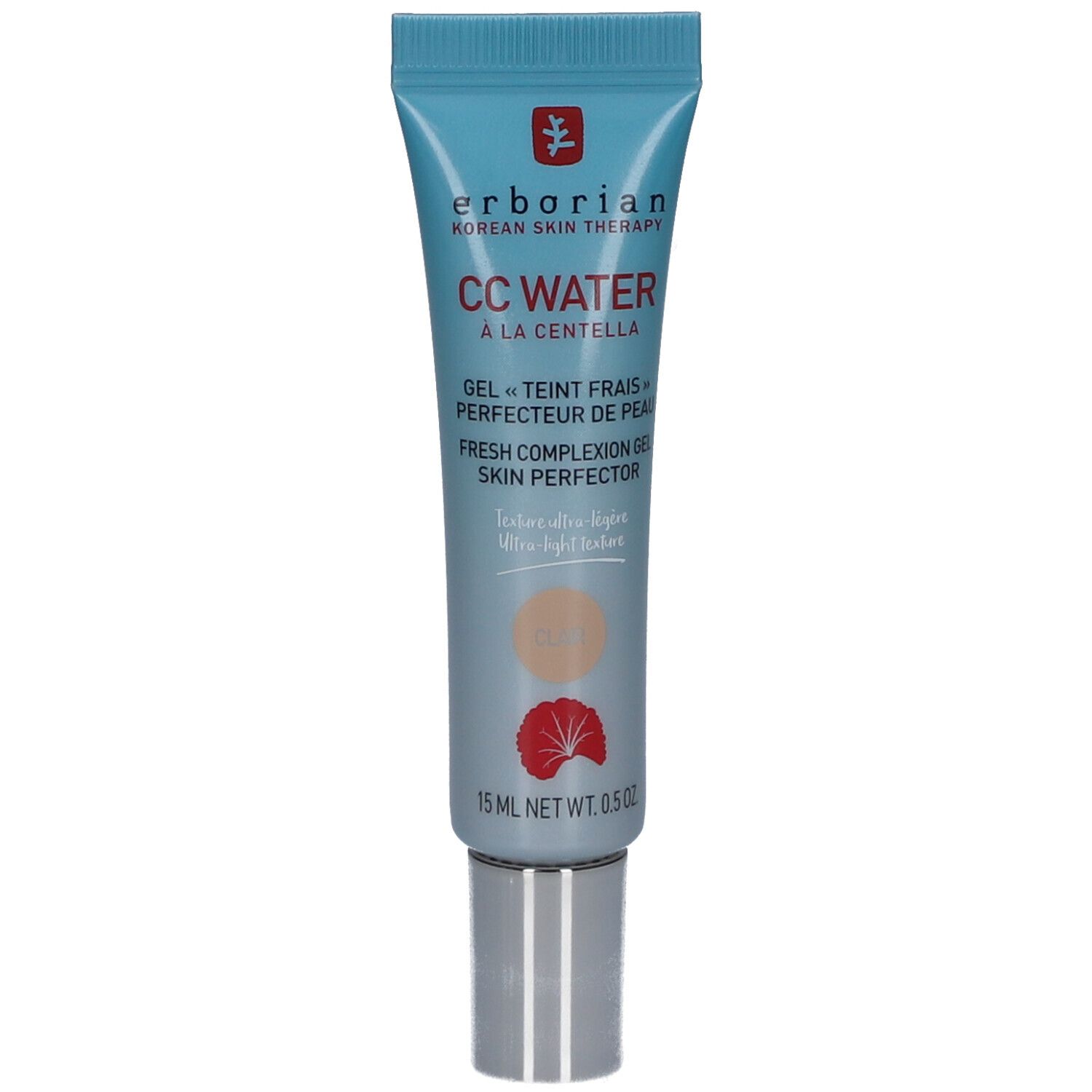 Tube mit CC Water Clair. Hellblauer Farbton, silberne Kappe. Text und Logo von Erborian.